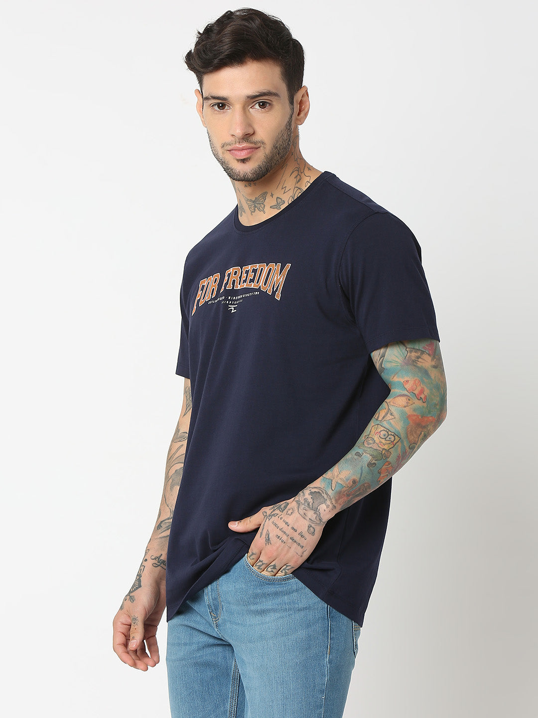 Spykar Men Navy Blue Cotton Regular Fit Round Neck Printed T-Shirt