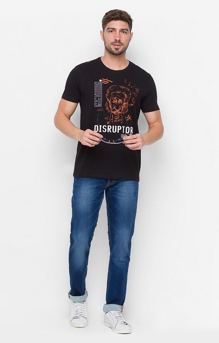 Spykar Men Black Cotton Slim Fit Round Neck Printed Tshirt