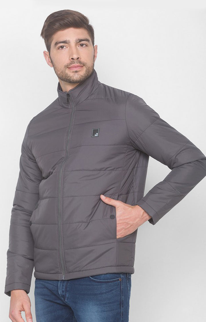 Spykar Dark Grey Polyester Men Front Open Jacket