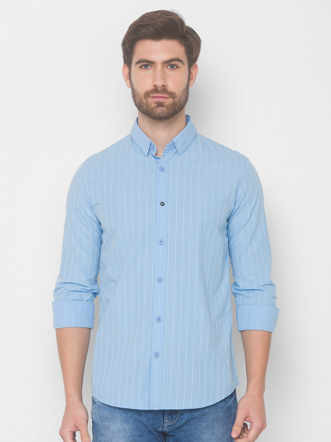 Spykar Men Sky Blue Cotton Slim Fit Shirt