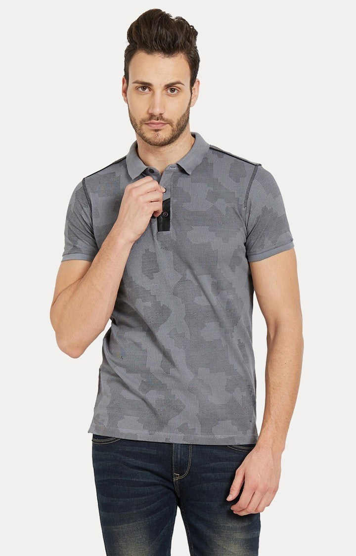 Spykar Blue Printed Slim Fit Polo T-Shirt