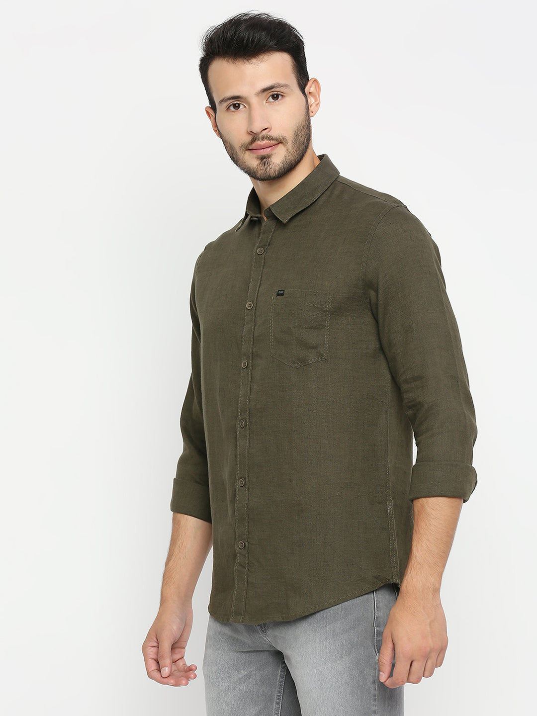 Spykar Men Olive Green Cotton Full Sleeve Plain Shirt