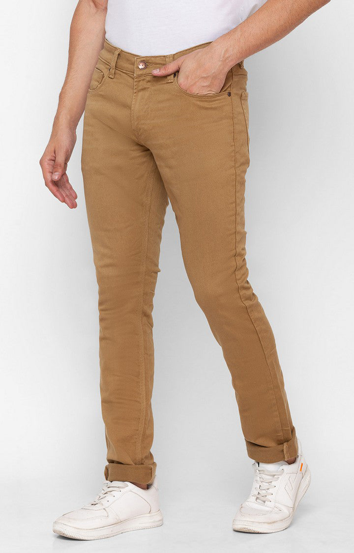 Spykar Dark Khaki Cotton Slim Fit Narrow Length Jeans For Men (Skinny)