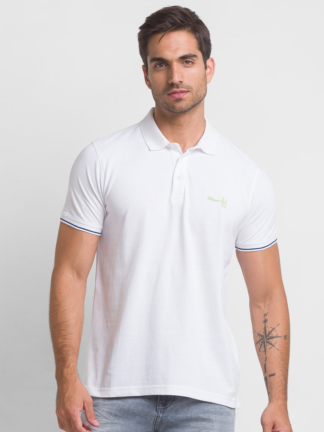 Spykar White Cotton Half Sleeve Plain Casual Polo T-Shirt For Men