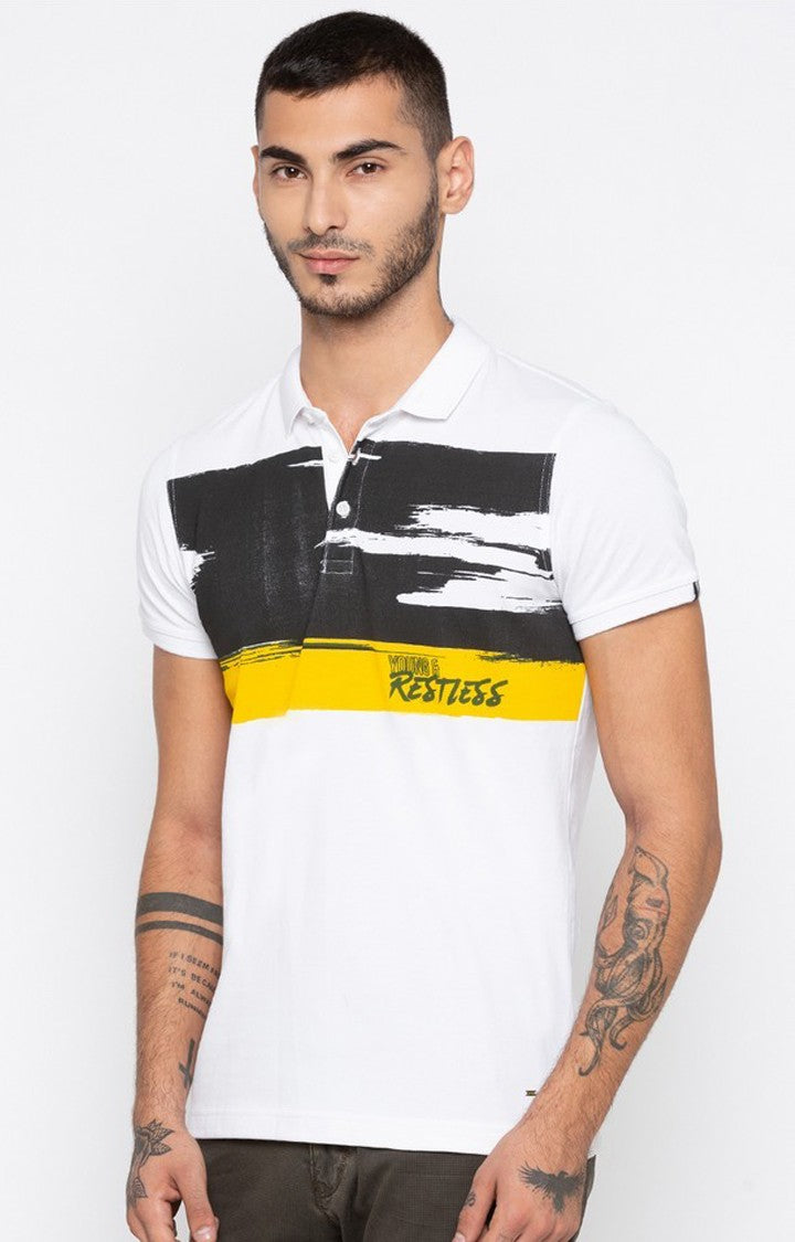 Spykar White Printed Slim Fit Polo T-Shirt