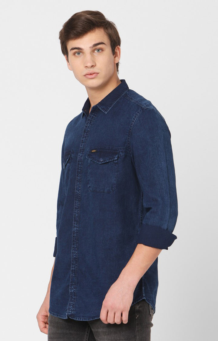 Spykar Men Dark Blue Cotton Slim Fit Denim Shirt