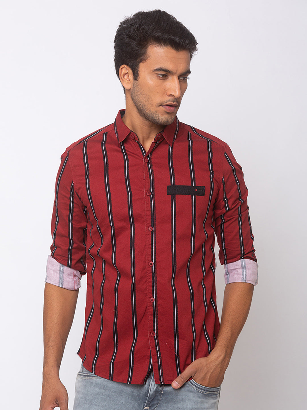 Spykar Men Red Cotton Slim Fit Shirt