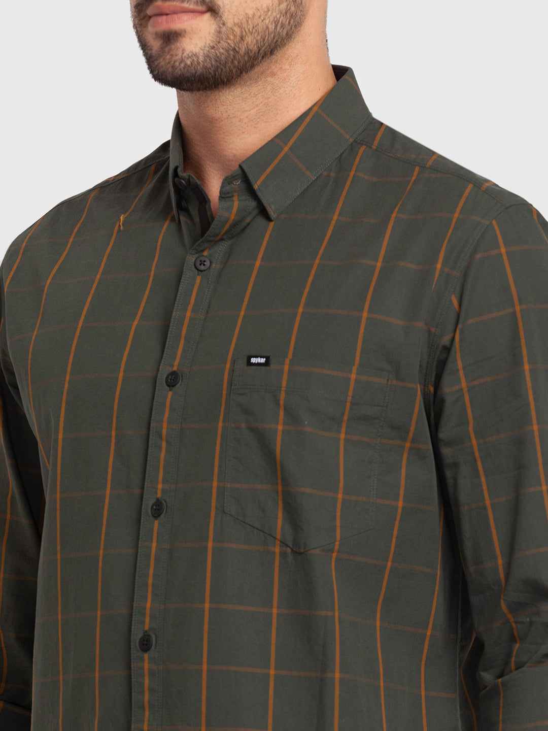 Spykar Bottle Green Cotton Full Sleeve Checks Shirt For Men