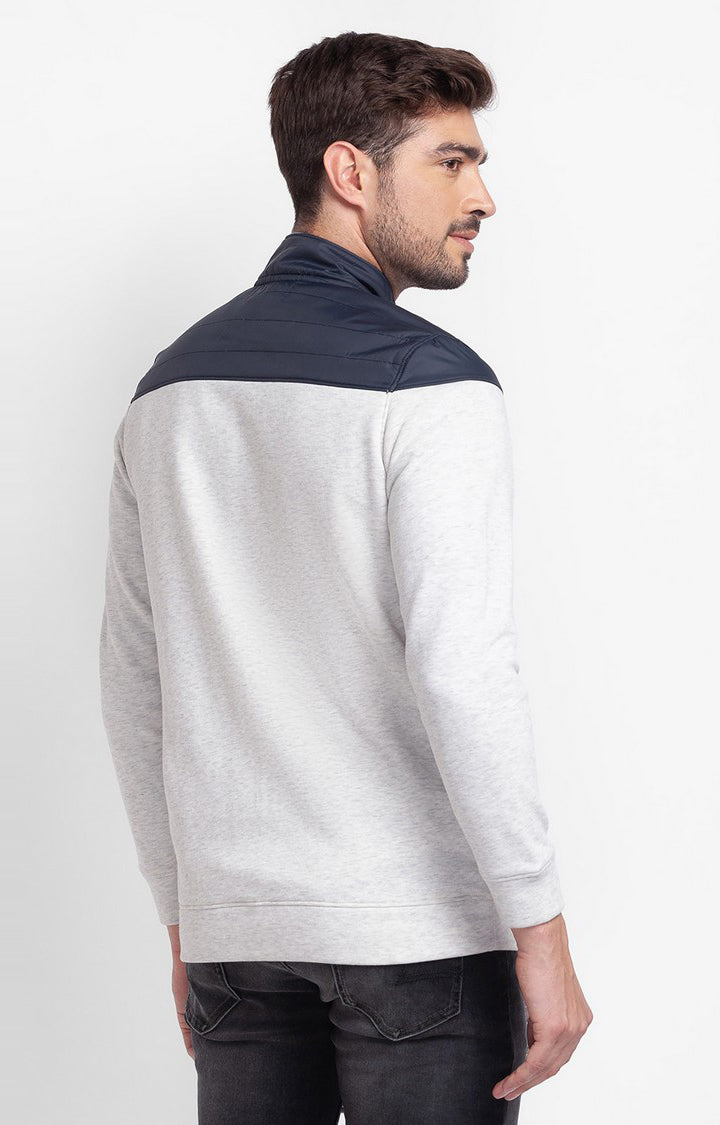 Spykar Ecru Melange Cotton Full Sleeve High Neck Sweatshirt For Men