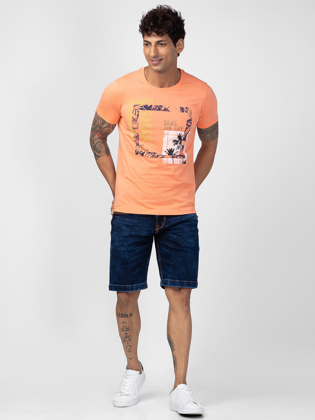 Spykar Men Peach Cotton Regular Fit Half Sleeve Printed T-Shirt