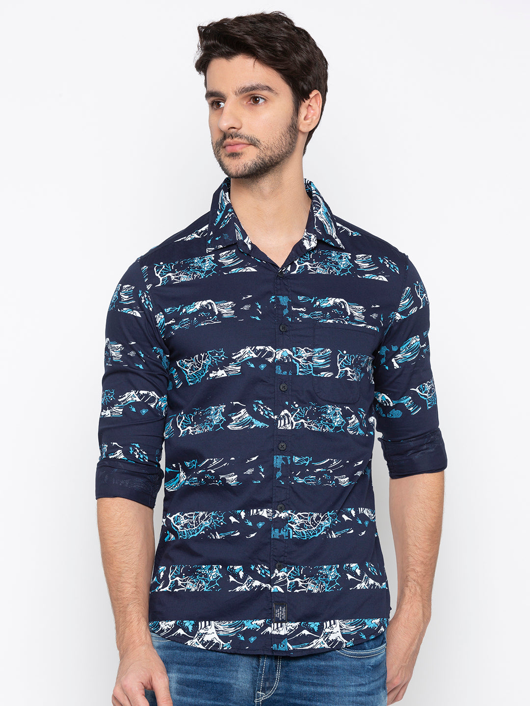 Spykar Men Navy Printed Slim Fit Casual Shirt