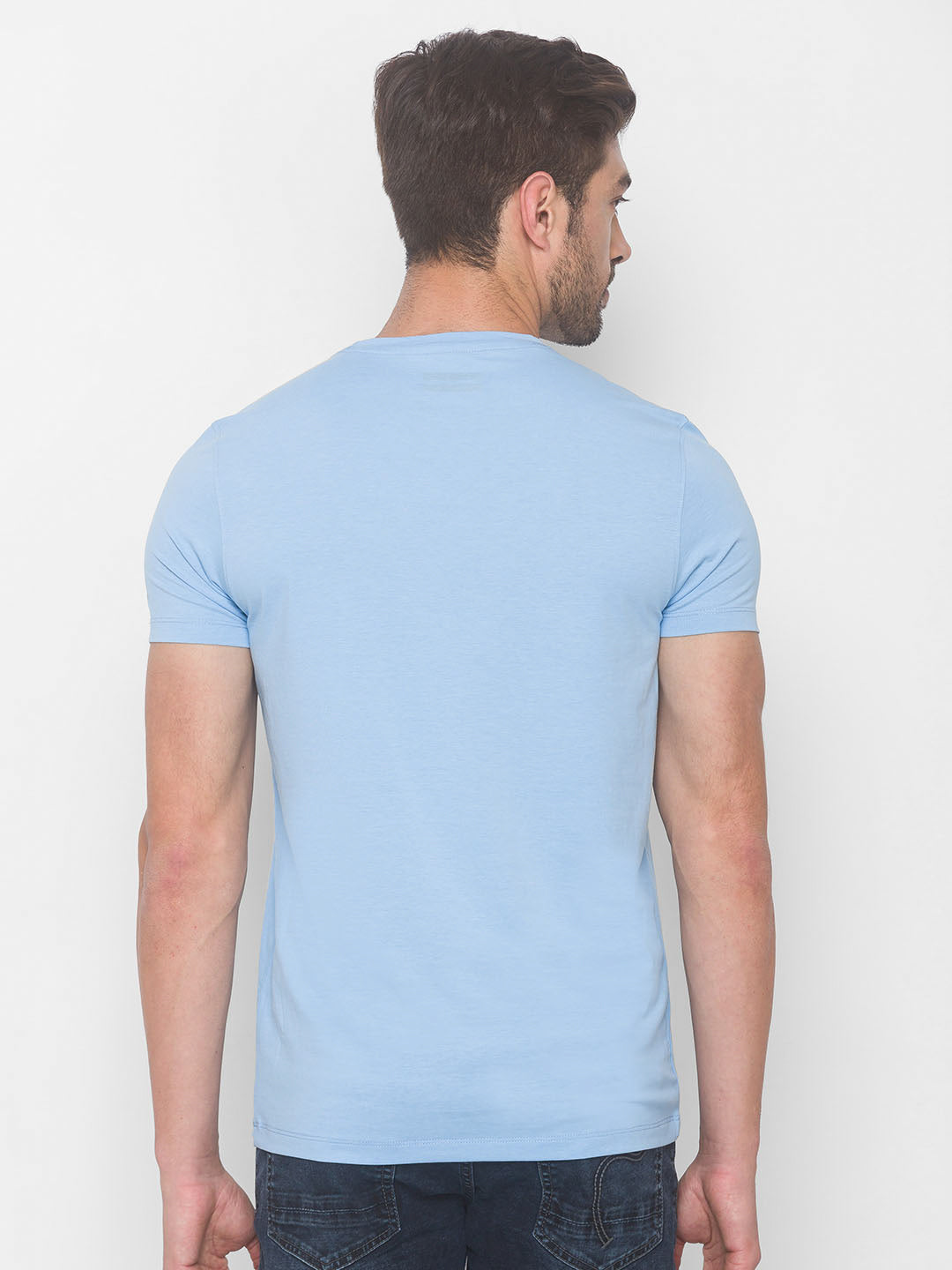 Spykar Men Blue Cotton Slim Fit Round Neck T-Shirt