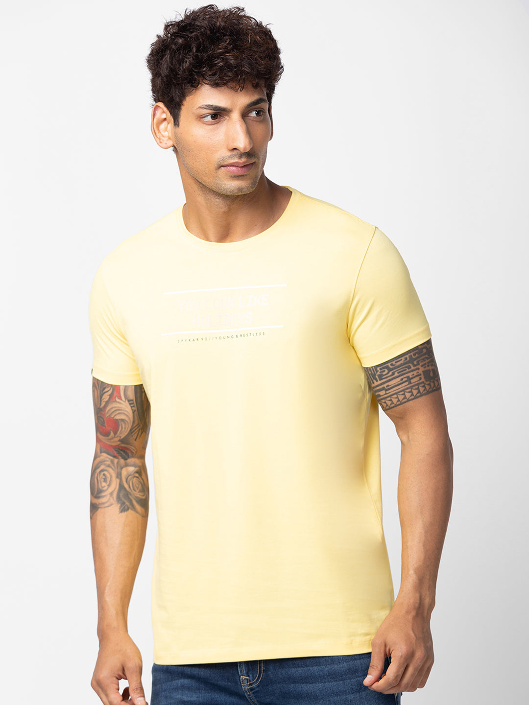 Spykar Men Yellow Cotton Regular Fit Half Sleeve Printed T-Shirt