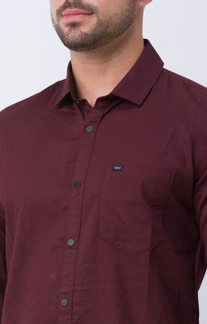 Spykar Wine Red Satin Full Sleeve Printed Shirt For Men
