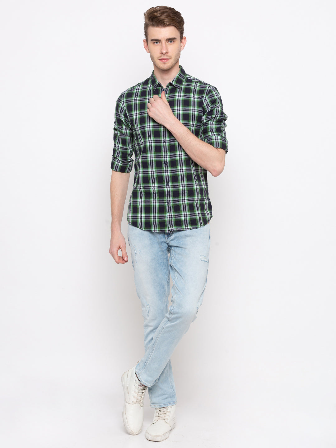 Spykar Men Blue & Green Checked Slim Fit Casual Shirt