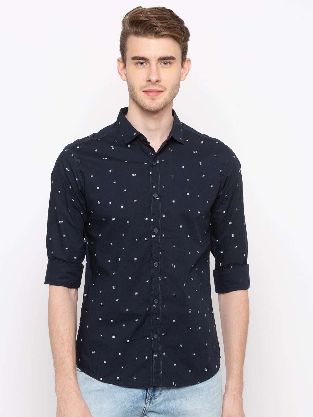 Spykar Men Navy Printed Slim Fit Casual Shirt