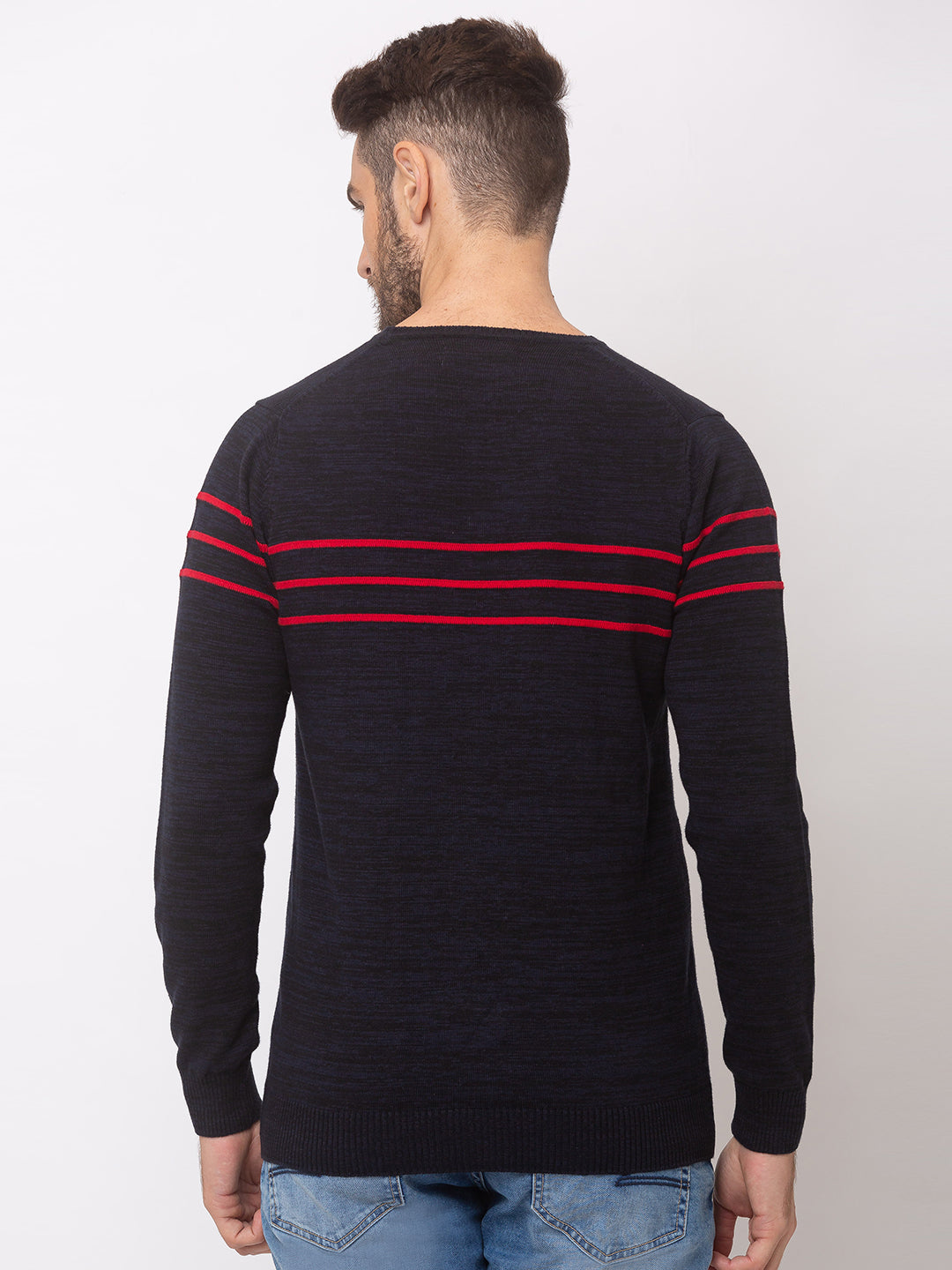 Spykar Men Navy Blue Red Cotton Regular Fit Sweater