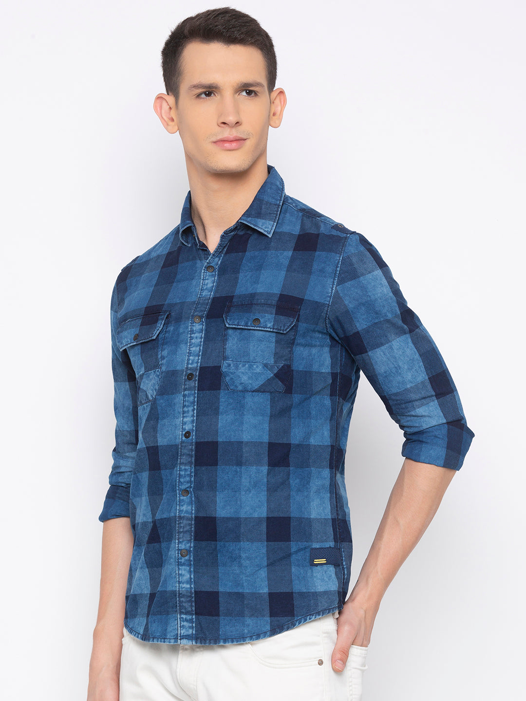 Spykar Men Indigo Cotton Checks Slim Fit Shirt