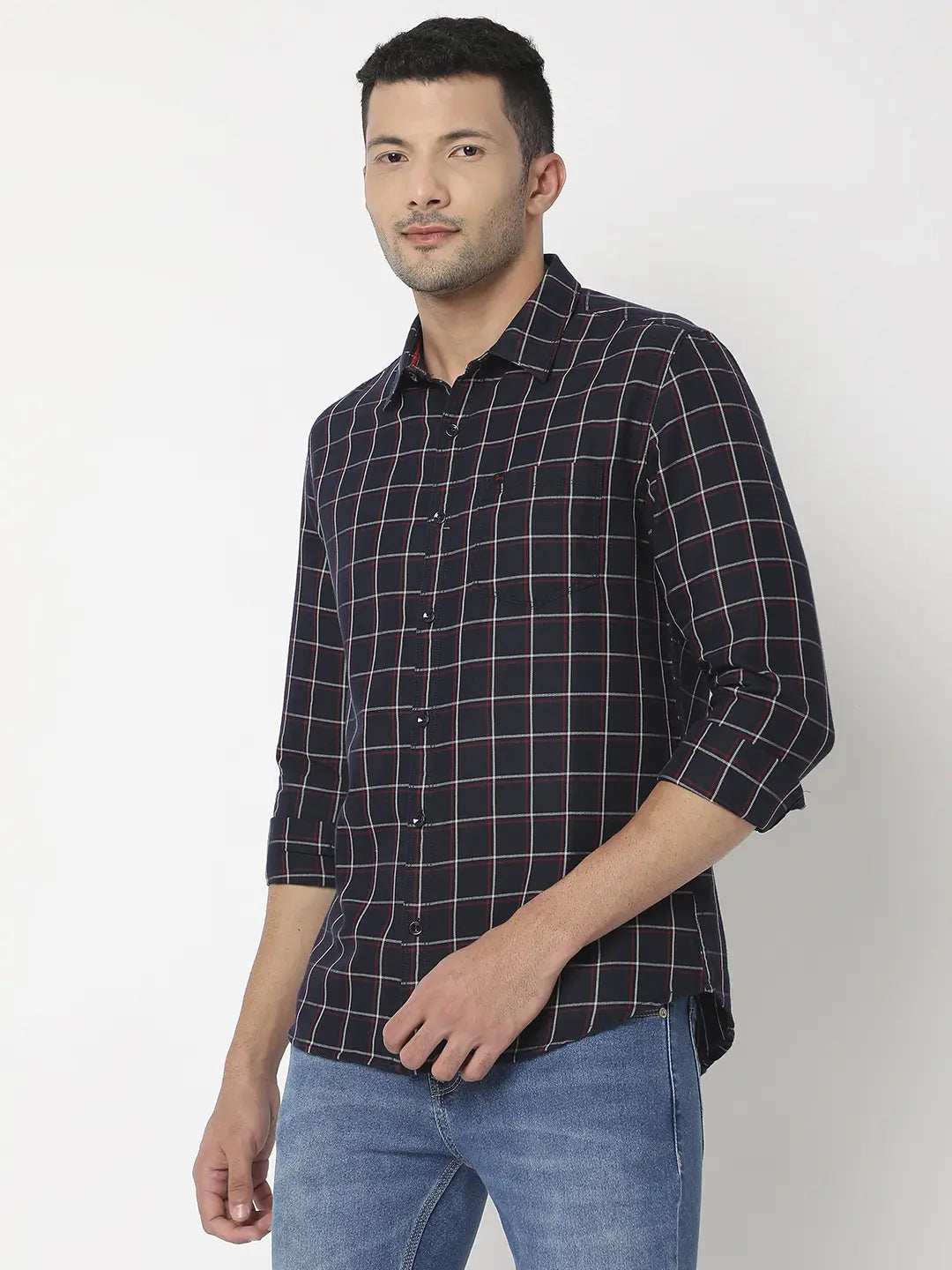 Spykar Men Navy Blue Cotton Slim Fit Checkered Shirt