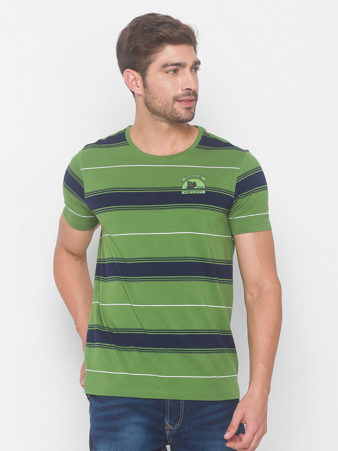 Spykar Men Green Cotton Blend Slim Fit Round Neck T-Shirt