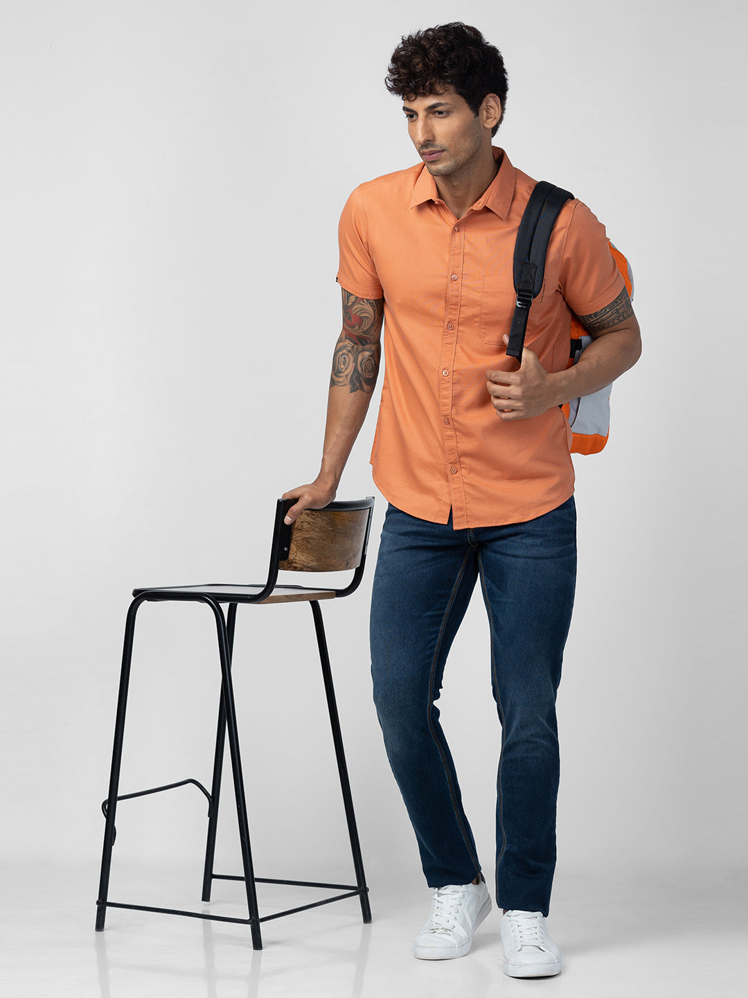 Spykar Men Sunset Orange Cotton Slim Fit Plain Shirt