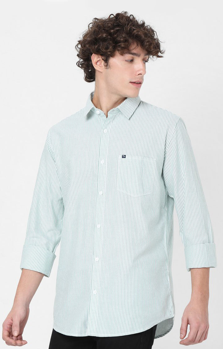 Spykar Slim Fit Green Striped Full Sleeve Shirts For Men