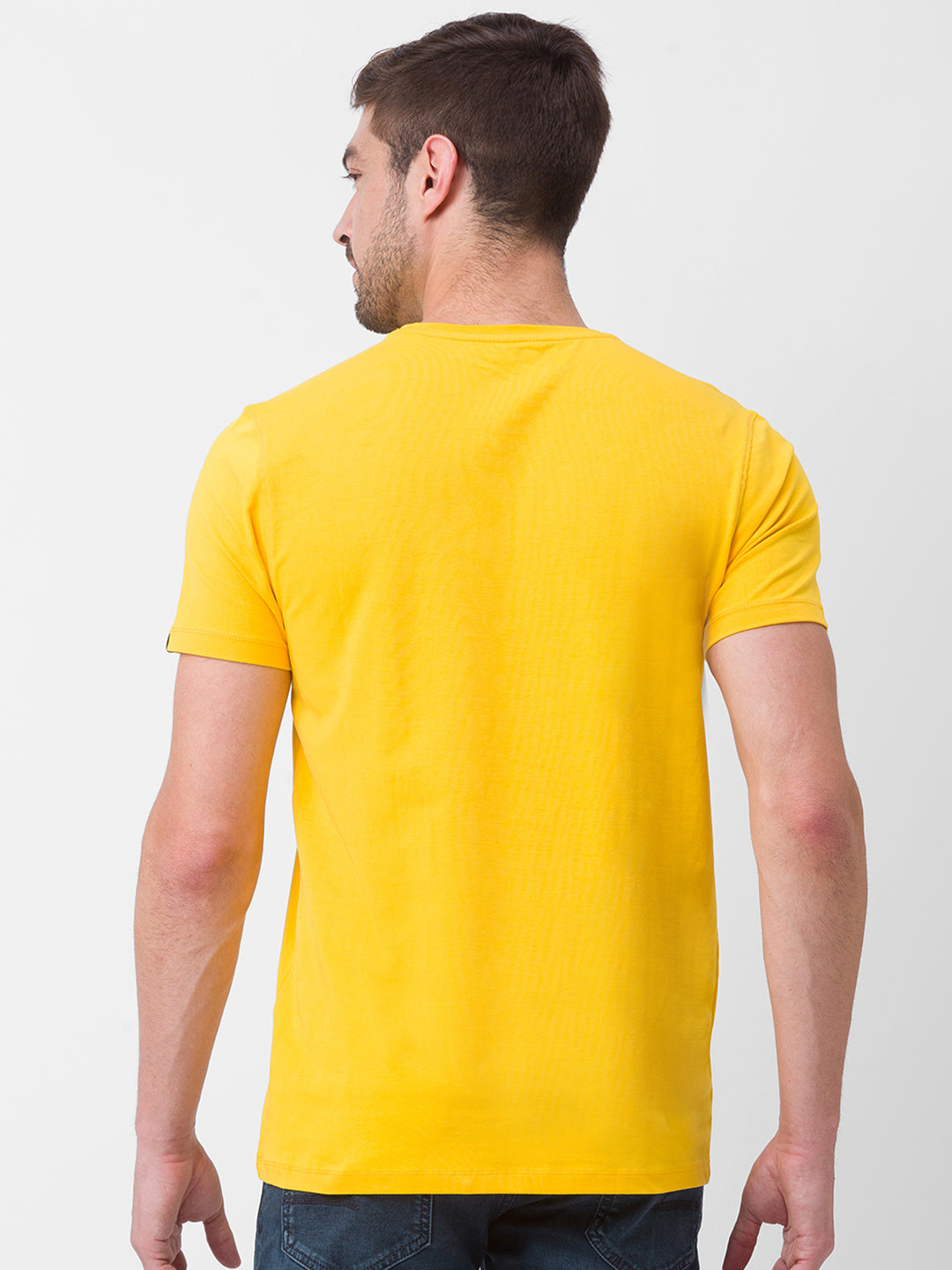 Spykar Chrome Yellow Cotton Half Sleeve Printed Casual T-Shirt For Men