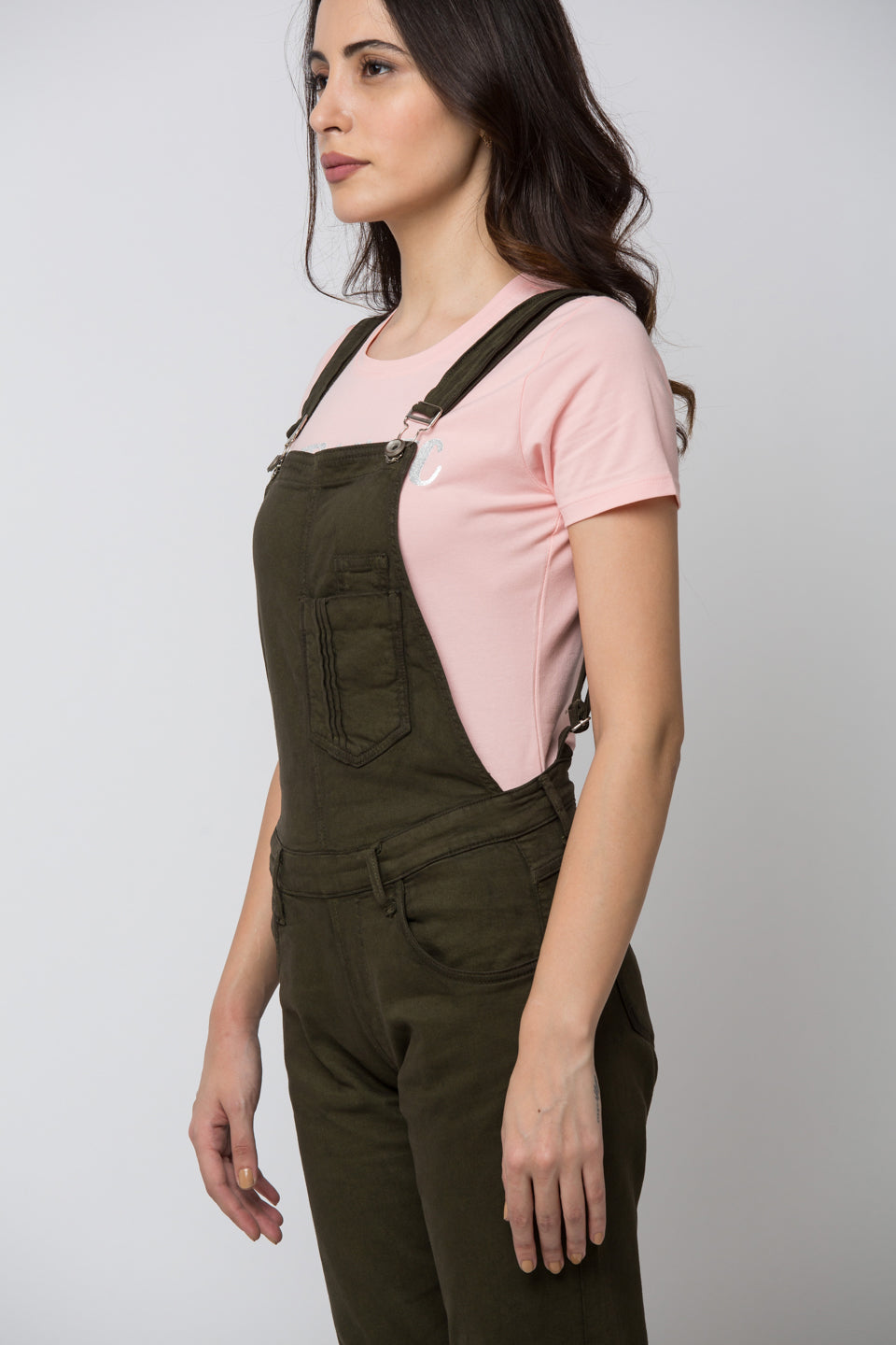 Spykar Women Olive Cotton Skinny Fit Regular Dungaree