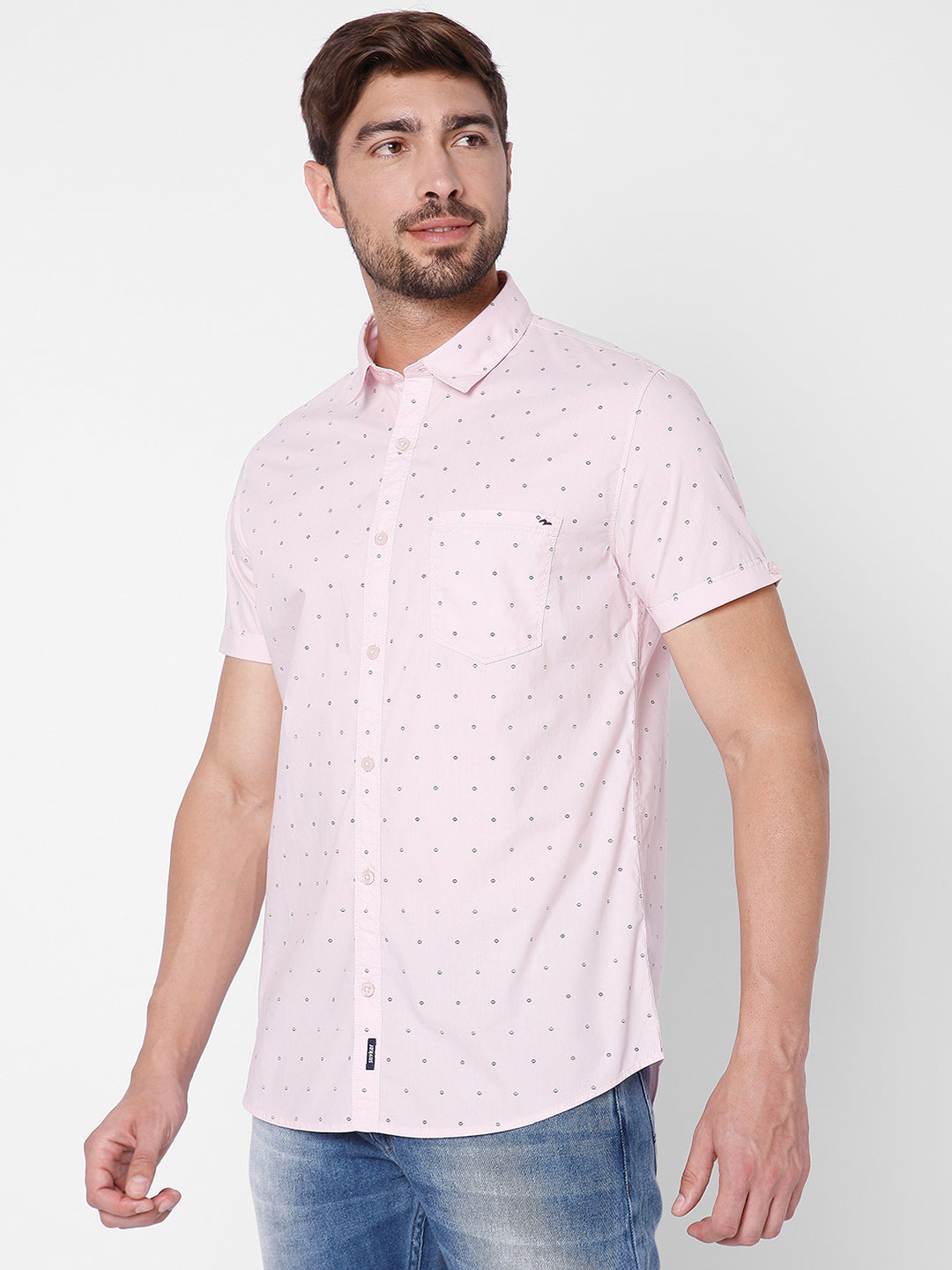 Spykar Slim Fit Men Light Pink Cotton Casual Shirts