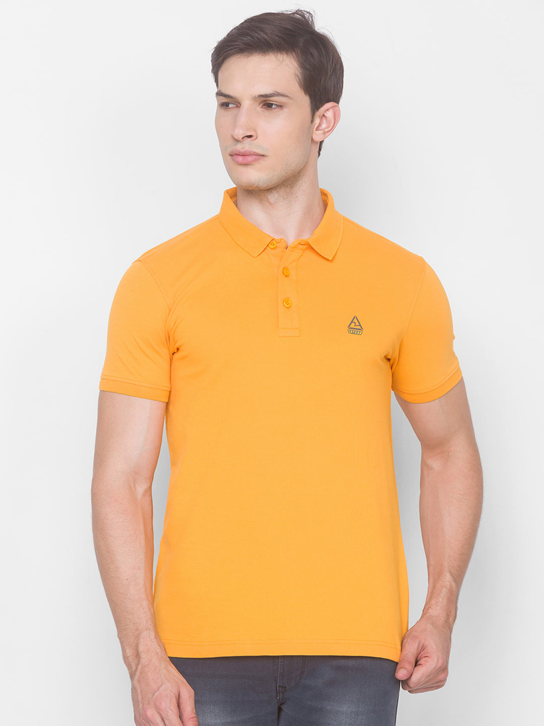 Spykar Men Yellow Cotton Slim Fit Polo T-Shirt