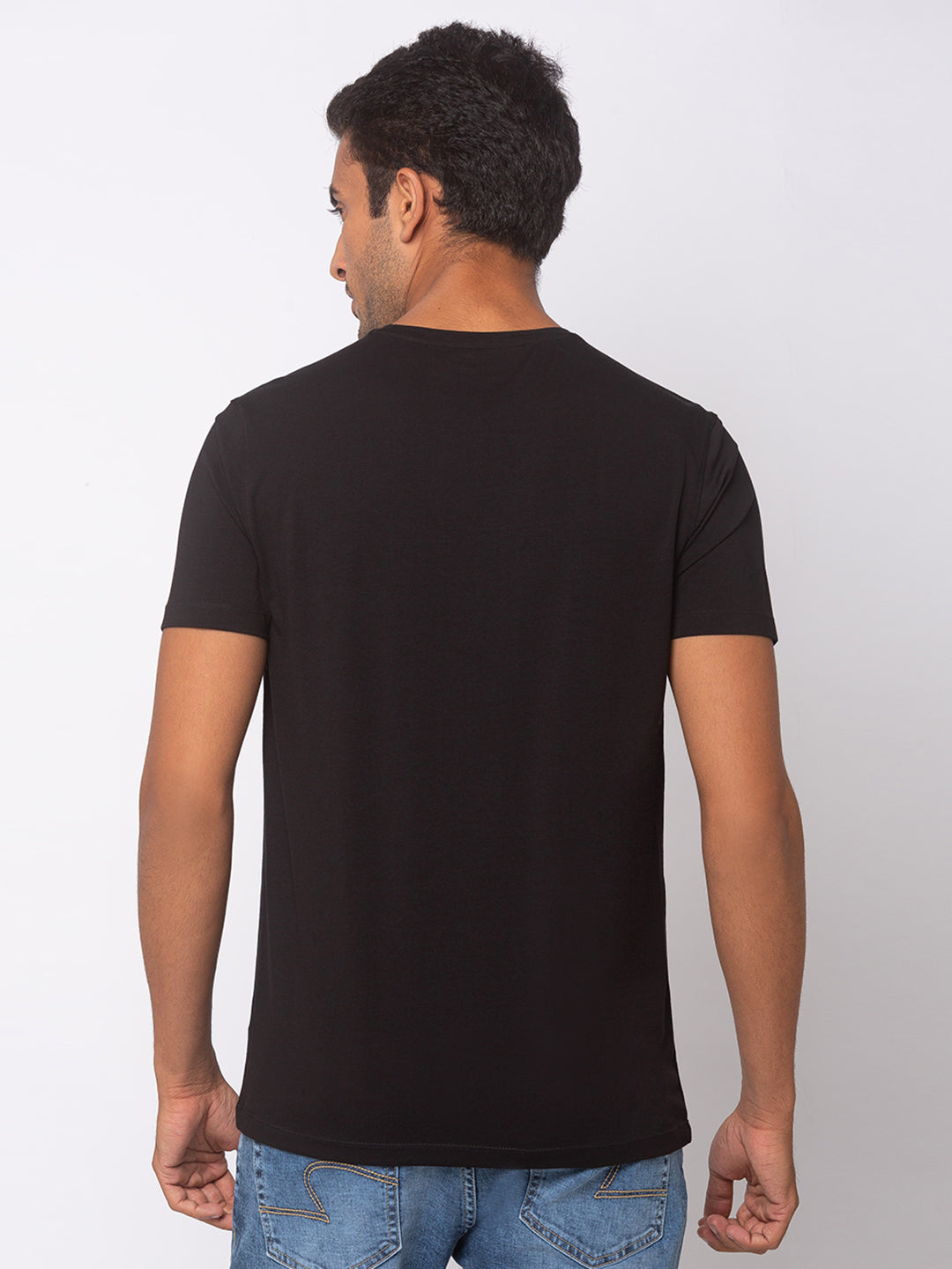 Spykar Men Black Cotton Slim Fit Round Neck T-Shirt