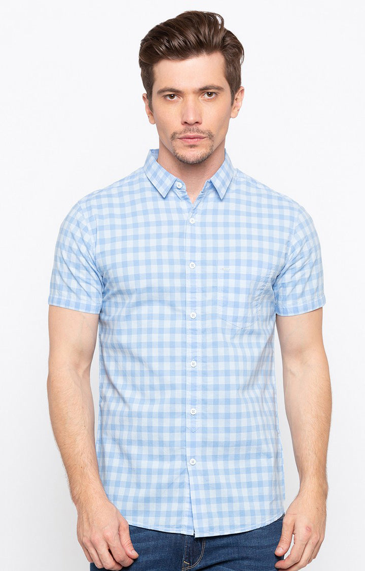 Spykar Men'S Blue Cotton Checked Casual Shirts