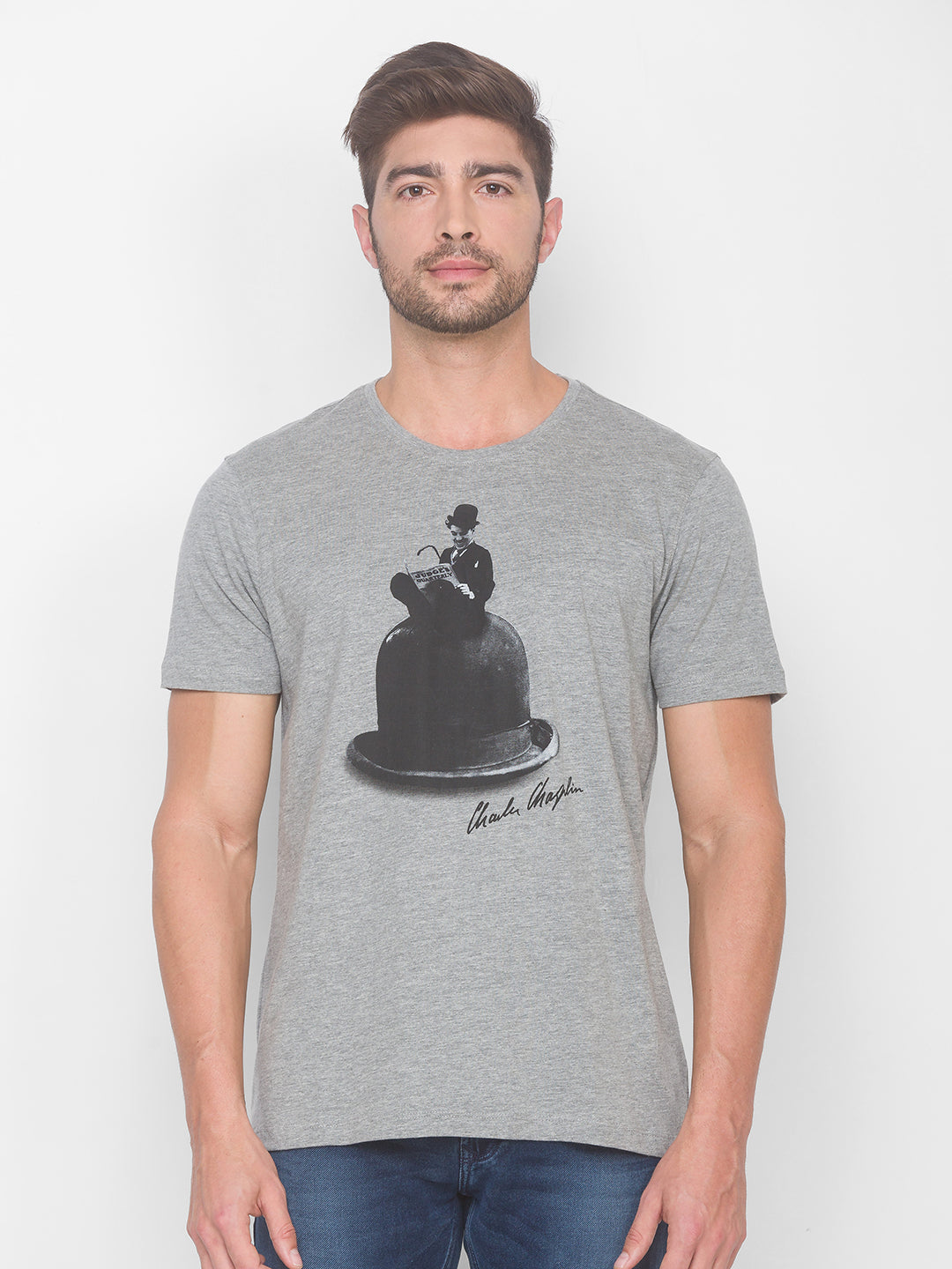 Charlie Chaplin Spykar Men Grey Cotton Slim Fit Round Neck T-Shirt