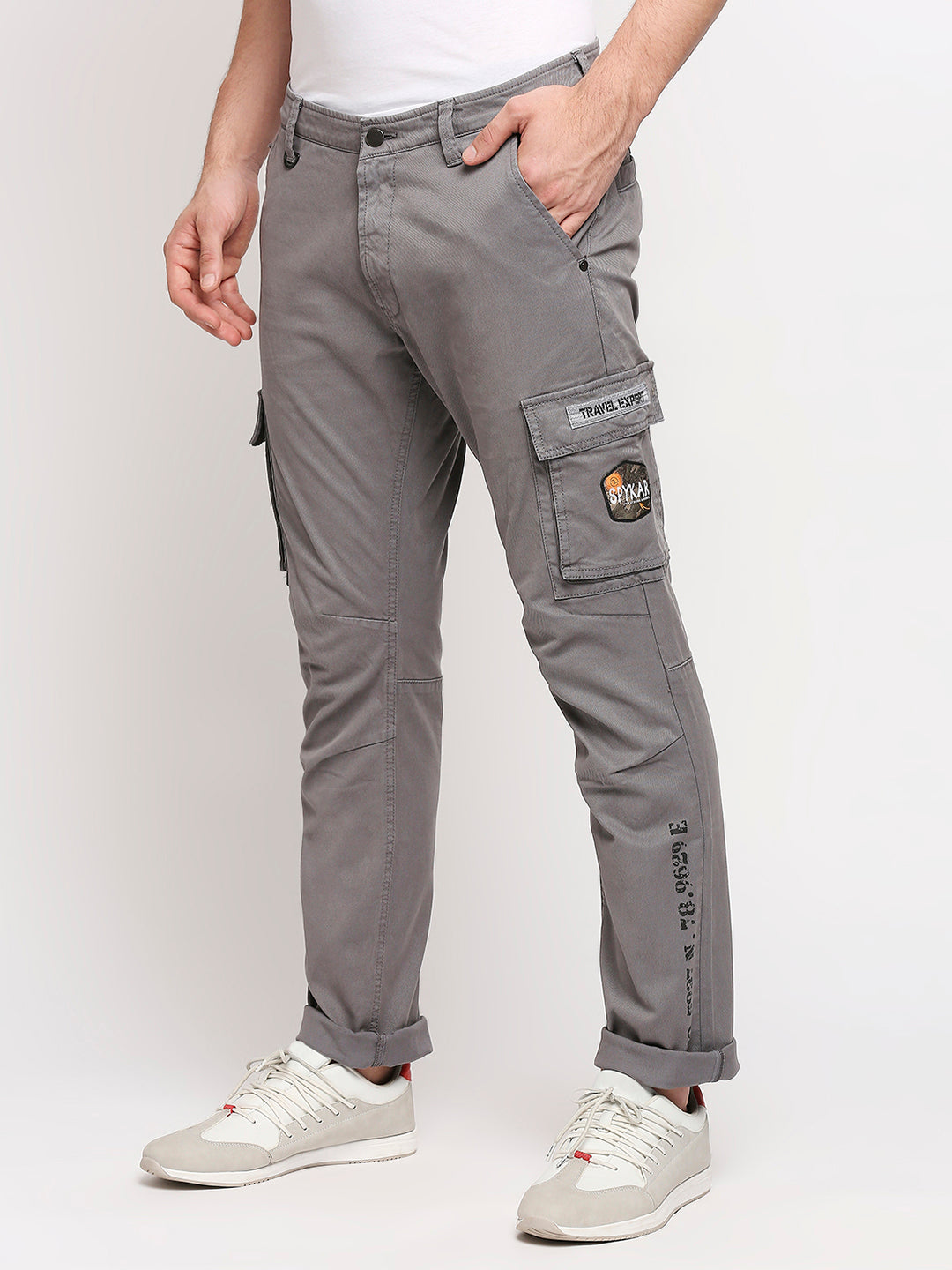 Spykar Cement Grey Solid Slim Mid-Rise Trousers