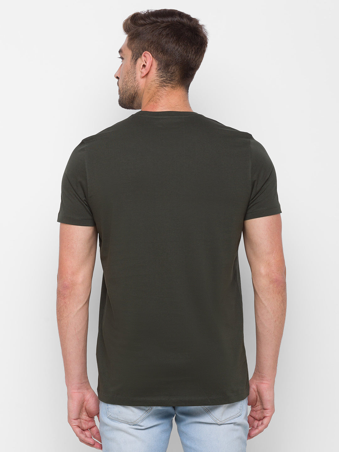 Spykar Men Green Cotton Slim Fit Round Neck T-Shirt