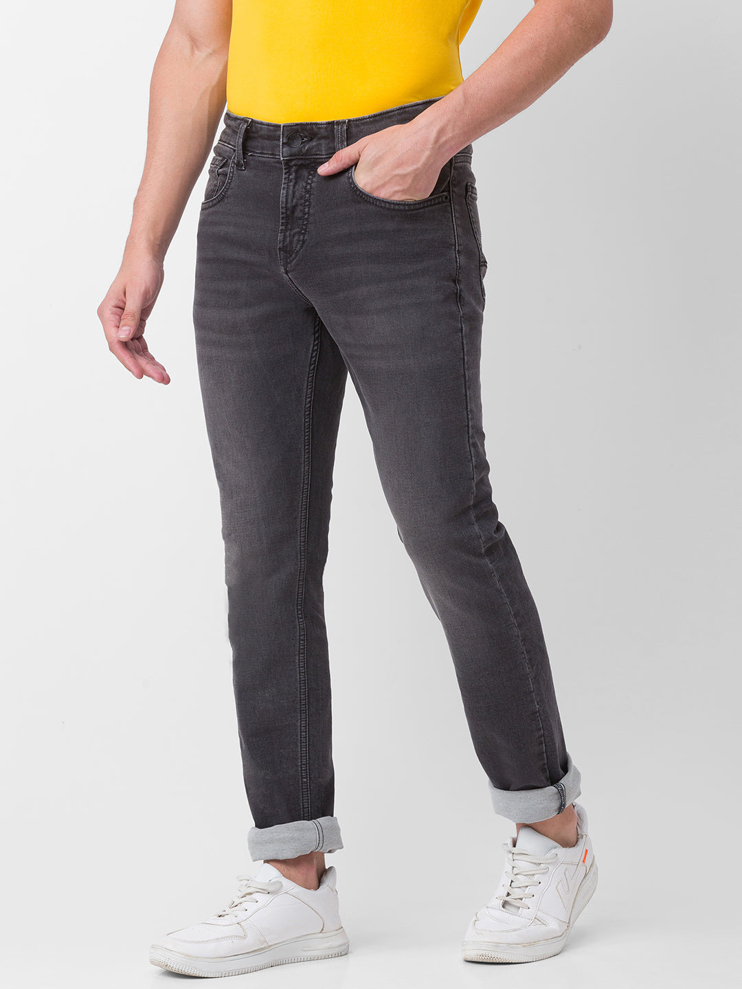 Spykar Grey Cotton Regular Fit Narrow Length Jeans For Men (Rover)