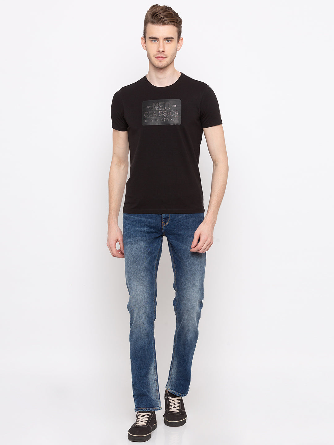 Spykar Men Black Printed Slim Fit T-Shirt