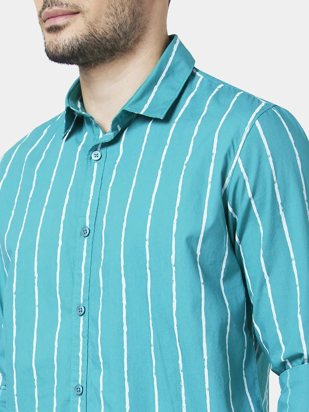 Spykar Men Teal Green Poplin Regular Slim Fit Full Sleeve Striped Shirt