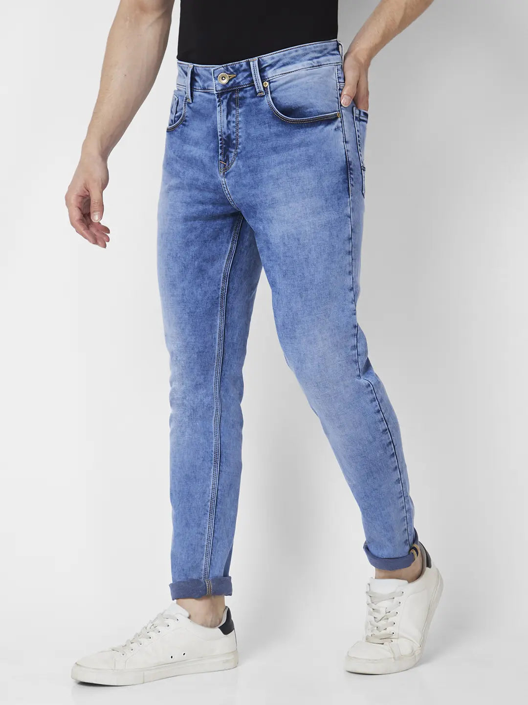 Spykar Men Light Blue Cotton Stretch Super Slim Fit Tapered Length Clean Look Low Rise Jeans (Super Skinny)