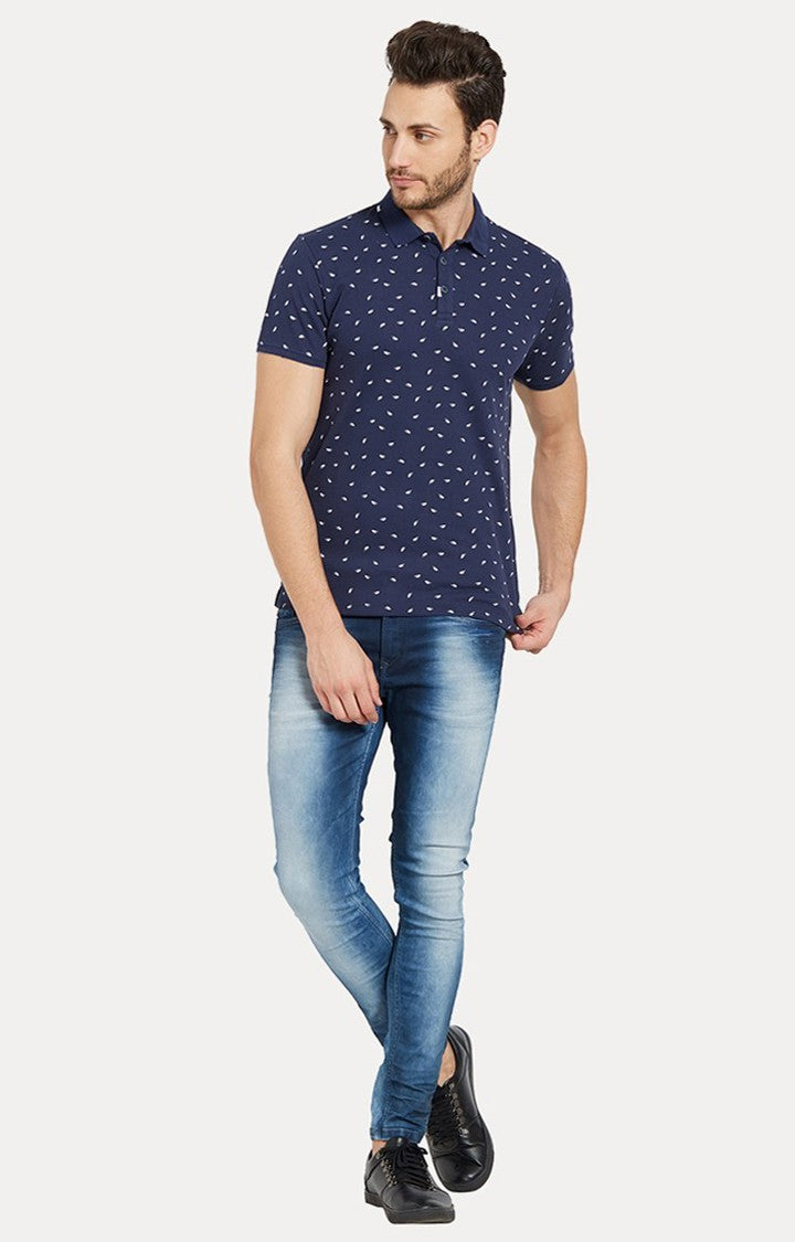 Spykar Navy Printed Slim Fit Polo T-Shirt