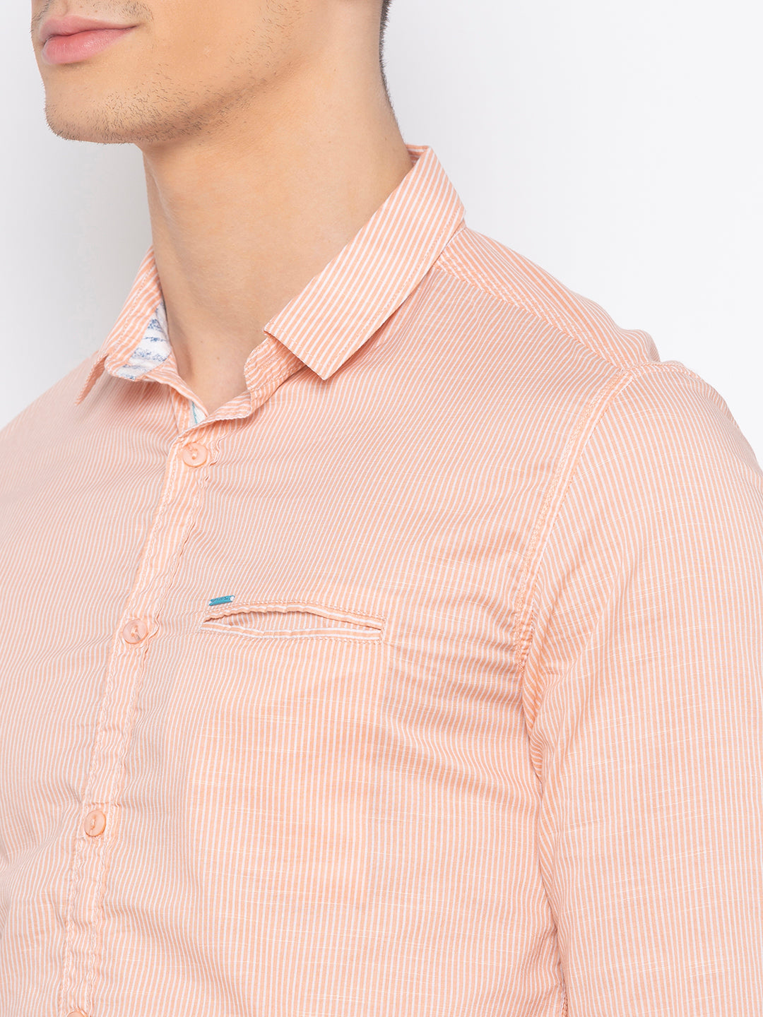 Spykar Men Peach Striped Slim Fit Casual Shirt