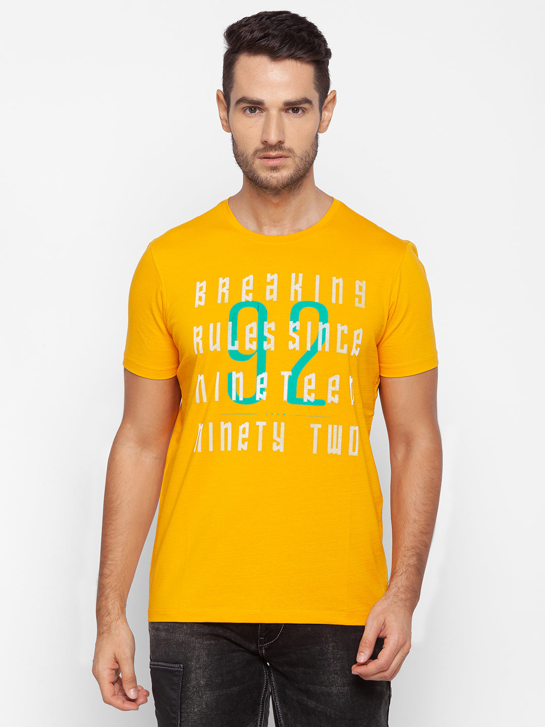 Spykar Men Yellow Cotton Slim Fit Round Neck T-Shirt