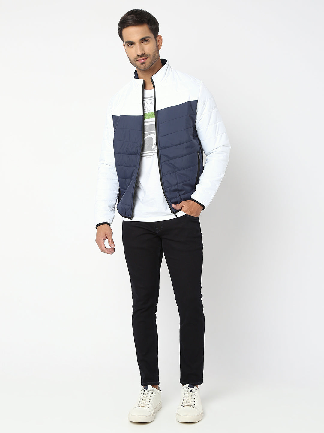 Spykar Men White & Navy Nylon Regular Fit Jacket