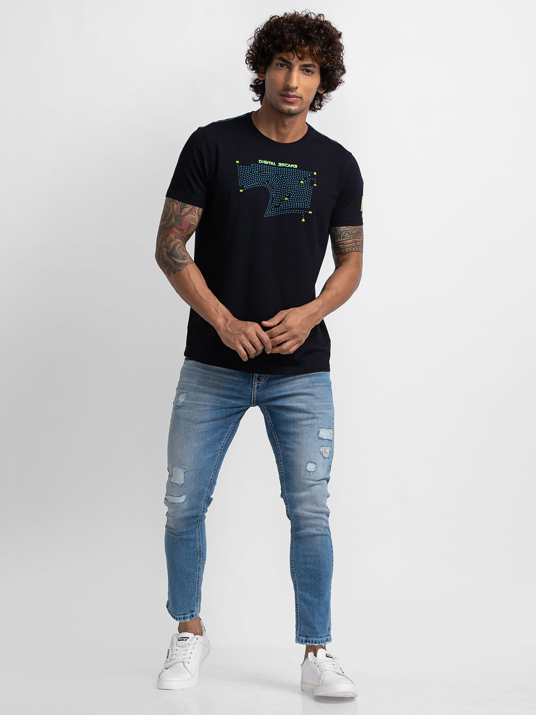 Spykar Navy Blue Cotton Half Sleeve Printed Casual T-Shirt For Men