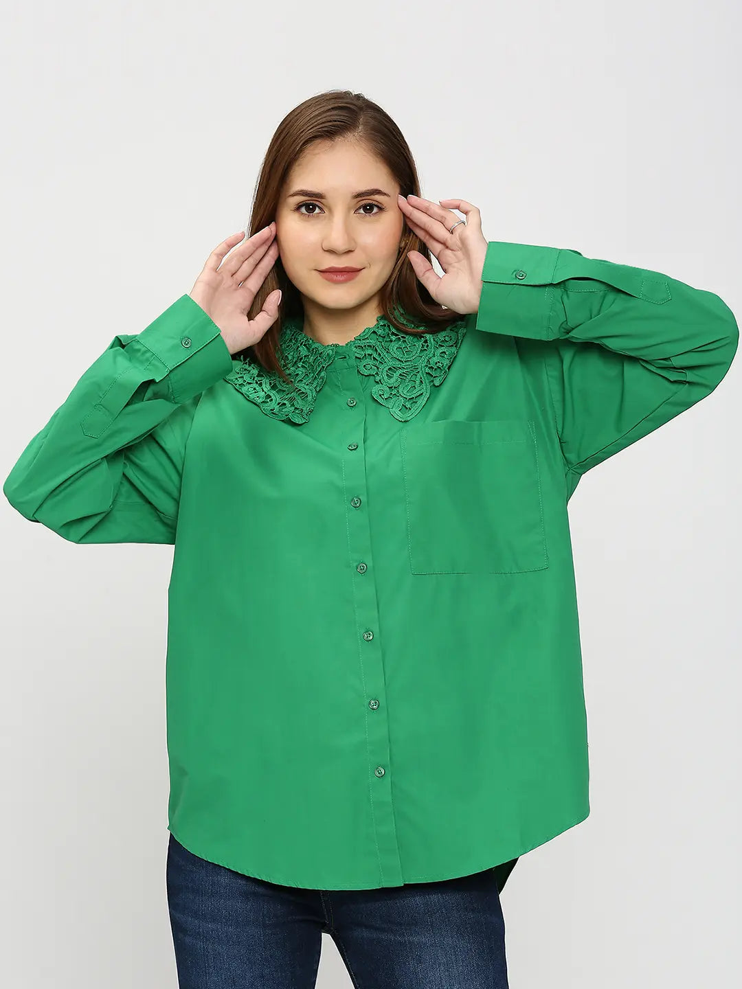 Spykar Women Green Regular Fit Cotton Plain Loose Shirts