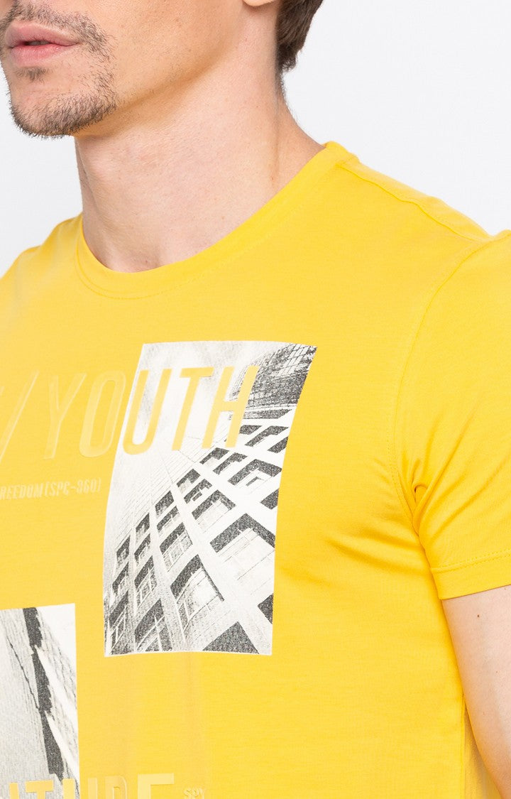 Spykar Yellow Printed Slim Fit Men T-Shirts