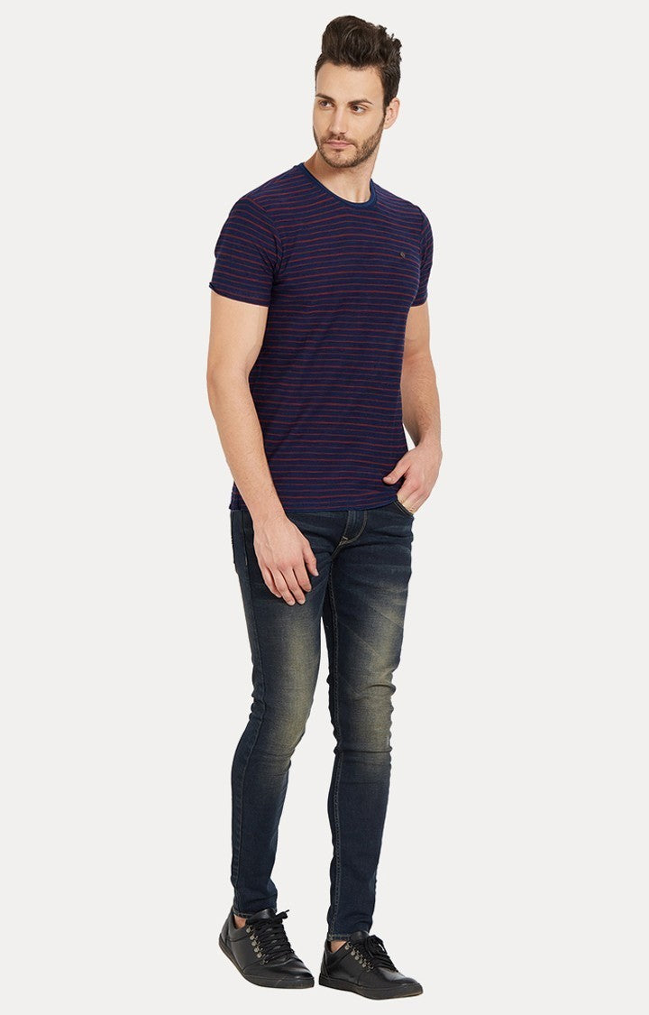 Spykar Blue and Red Striped Slim Fit Men T-Shirts