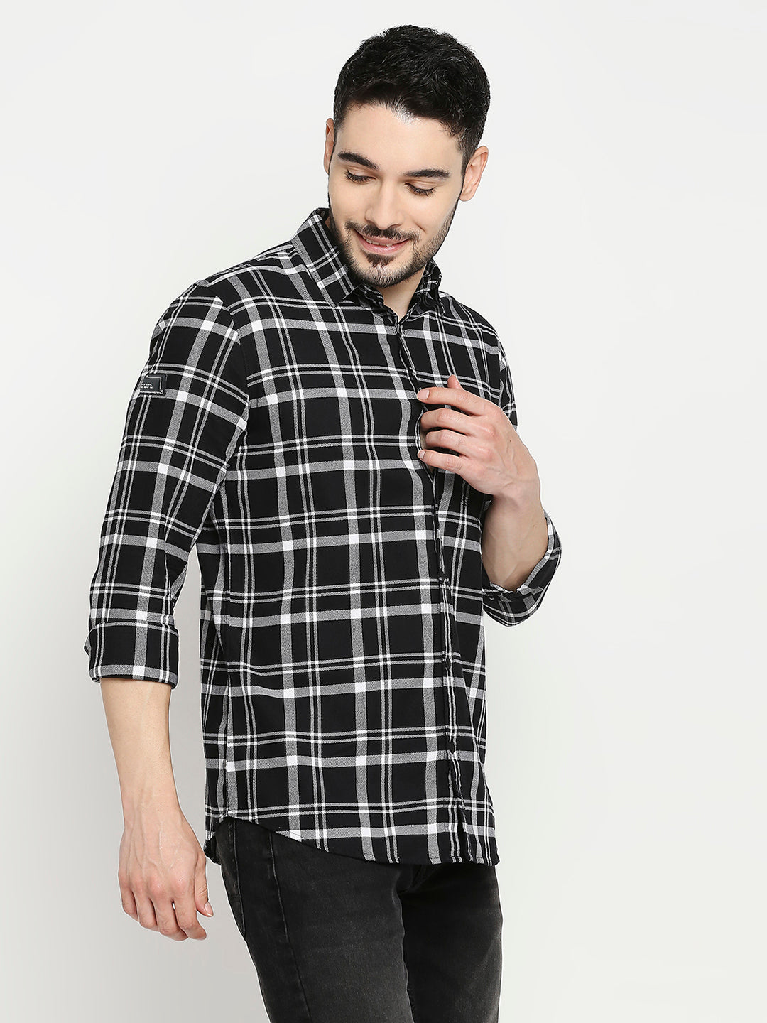 Spykar Black Cotton Full Sleeve Checkered Shirt For Men