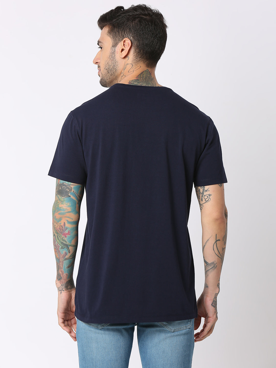 Spykar Men Navy Blue Cotton Regular Fit Round Neck Printed T-Shirt