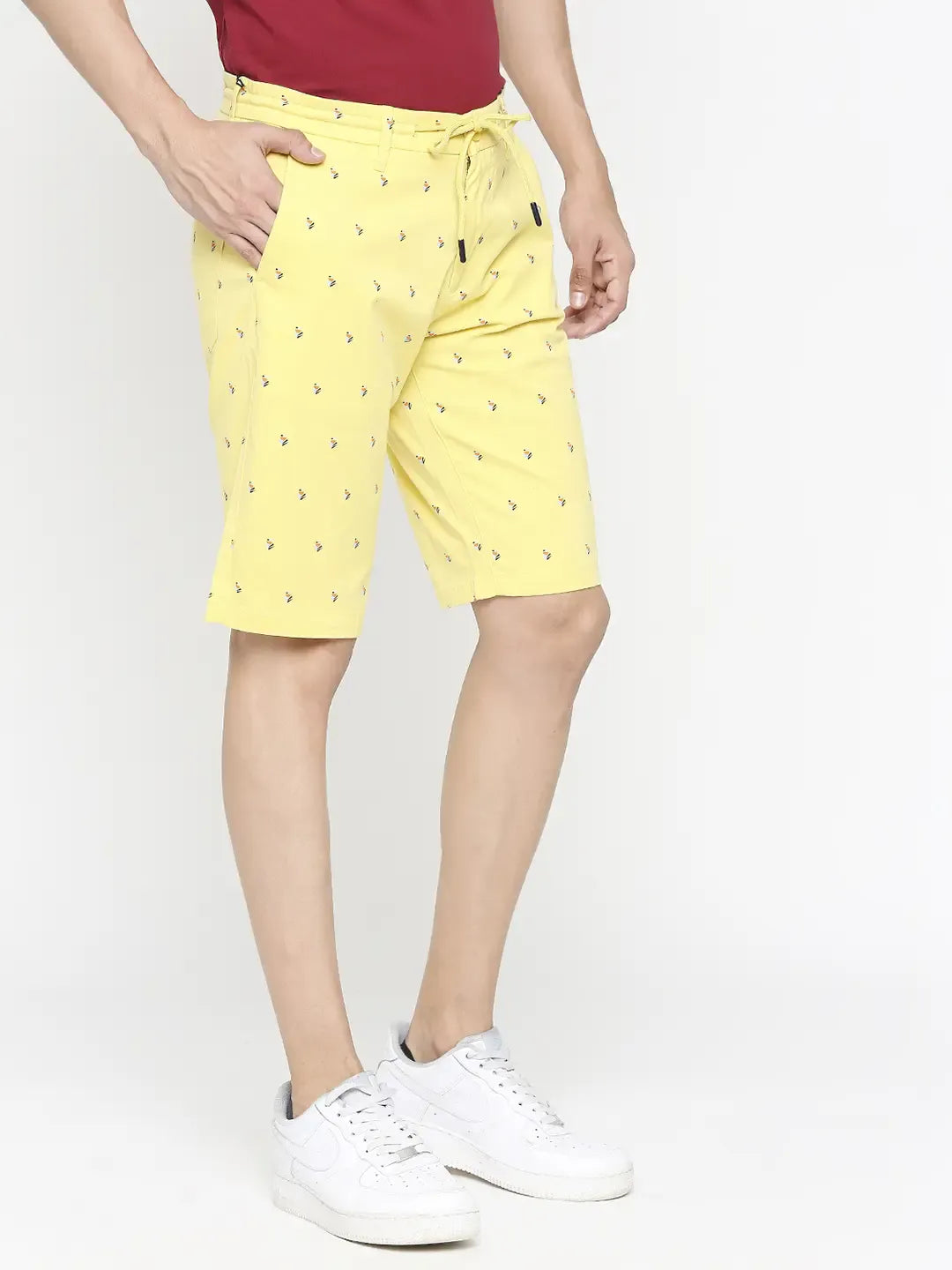 Spykar Men Lemon Yellow Cotton Slim Fit Printed Shorts